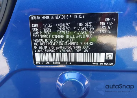 2018 Honda Hr-V Ex-L из США, поврежденный, VIN 3CZRU5H70JM702080